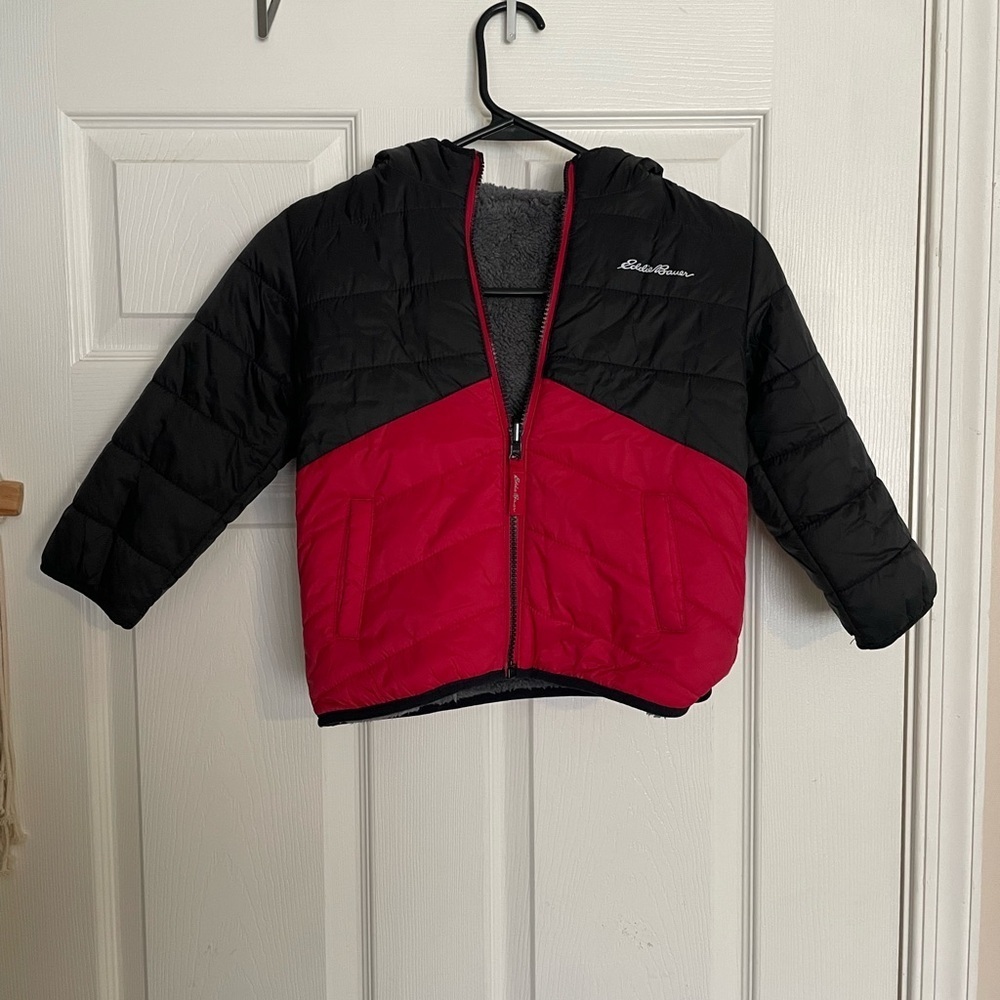 Eddie Bauer Reversible Winter Jacket 4t Toddler Boy Red, Black, And Grey Sherpa